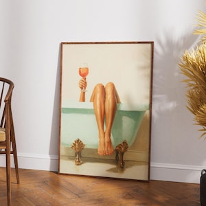 Grön badkarsväggkonst utskrivbar, feminin självvårdsdekor, avkopplande kvinna i grönt badkar med cocktail, modern badrumsaffisch, nedladdning