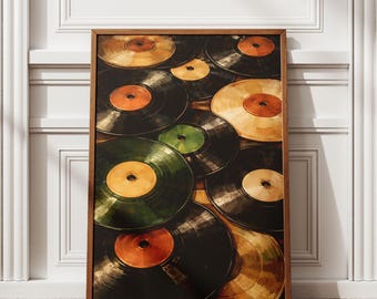 Vinyl Records Wall Art Print, Retro Music Poster, Mid Century Music Decor Digital Download