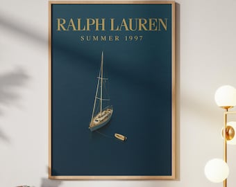 Luxury Sailboat Wall Art Print, Nautical Old Money Poster, Fashion Magazine Style, Deep Blue Ocean Decor, Yacht Wallart, Digital Download