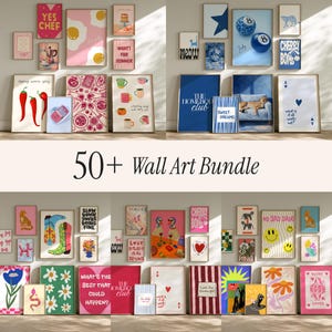 Pode incluir: Uma coleção de arte de parede emoldurada com vários designs, incluindo ilustrações de comida, padrões abstratos e arte baseada em texto. O texto inclui "YES CHEF", "WHAT'S FOR DINNER" e "50+ Wall Art Bundle". A paleta de cores inclui rosa, azul e branco.