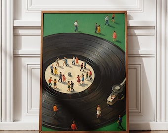レコード盤のウォールアートプリント、レトロなターンテーブルダンサーのポスター、音楽好きへのギフト、ミッドセンチュリーミュージックの装飾、額縁なし