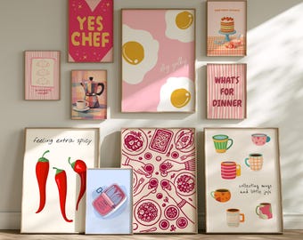 Pink Kitchen Wall Art Set of 10, Retro Food Poster, Bundle for Coffee Bar Decor, Printable Download