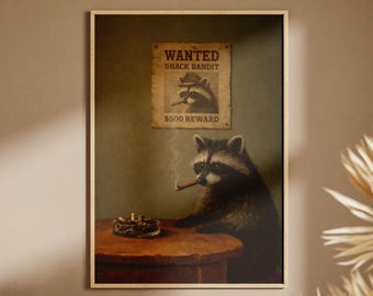 Impression de raton laveur recherché, art mural animal drôle, affiche d'humour noir, déco homme des cavernes, téléchargement numérique