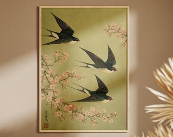 Lámina decorativa Japandi para pared, póster de golondrina, decoración de naturaleza japonesa, pájaros volando en verde salvia, sin marco.