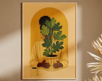 Väggkonst med växtmotiv, afrocentrisk botanisk tavla med svart kvinna, gul bohemisk heminredning, oramad