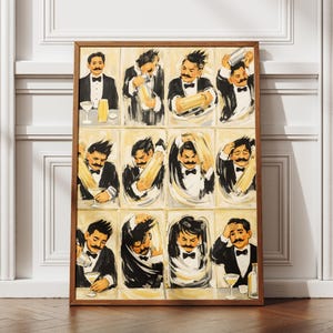 May include: A framed artwork showing a bartender in a series of illustrations, each depicting a stage of cocktail preparation. The artwork is in a grid format, with each panel showing a different action. The bartender is wearing a tuxedo.