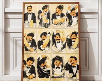May include: A framed artwork featuring a series of illustrations depicting a bartender in various stages of cocktail preparation. The artwork is in a grid format, with each panel showing a different action. The bartender is wearing a tuxedo.