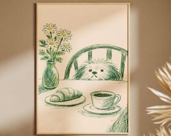 犬のコーヒープリント、気まぐれなキッチンウォールアート、居心地の良いカフェスケッチ、デジタルダウンロード