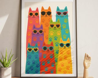 Bunter Katzen Druck, lustige Katzen Wandkunst, Kinderzimmer Dekor, digitaler Download