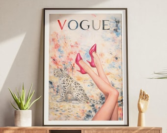 Impression affiche Vogue, art mural léopard des neiges talons roses, impression mode chic glamour, sans cadre