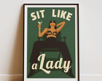 Sit Like a Lady poster, feministische retro illustratie, empowerde vrouw kunst aan de muur, poster gedurfde vrouw, minimale groene print, digitale download