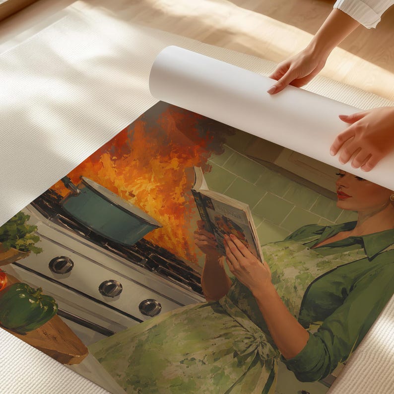 Peut inclure: Une affiche enroul&eacute;e repr&eacute;sentant une sc&egrave;ne de cuisine r&eacute;tro. Une femme en robe et tablier verts lit un livre de cuisine tandis qu'une casserole d&eacute;borde sur la cuisini&egrave;re, avec des flammes en arri&egrave;re-plan. L'affiche est en cours de d&eacute;roulement.