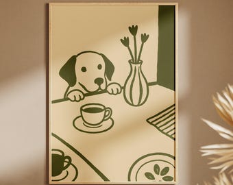 Sneaky Dog Kitchen Print, Abstract Coffee Wall Art, Whimsical Dog Sketch Poster, Scandi Breakfast Decor, Modern Kitchen Art Print