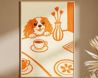 Playful Dog Kitchen Print, Whimsical Coffee Art Poster, Childlike Dog Illustration, Cozy Scandi Kitchen Wall Decor, Digital Download