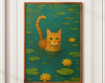 Monet Cat Print, Water Lily Cat Wall Art, Orange Tabby Poster, Digital Download