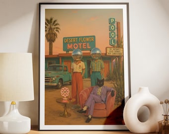 Póster con cabeza de bola de discoteca, lámina artística surrealista retro de motel en el desierto, decoración de pared funky de los años 70, gato del oeste, sin marco.