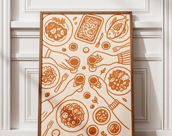 Impression table à manger, affiche d'art pour le dîner en terre cuite, illustration murale de cuisine, décoration de salle à manger rétro, appartement et chariot de bar à imprimer