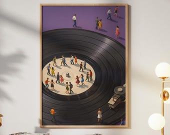 Póster de bailarinas con discos de vinilo, regalo para amantes de la música, decoración morada para sala de música, arte mural moderno de mediados de siglo, descarga digital.