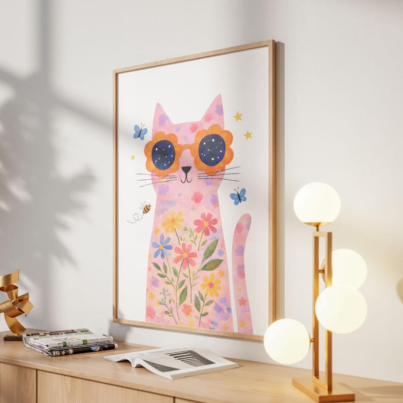 Cat with Glasses Print, Floral Cat Poster, Kids Room Wall Art, Girls Room Decor, Unframed image 4