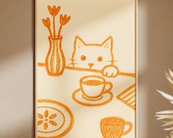 Sneaky Cat Kitchen Print, Abstract Coffee Wall Art, Whimsical Cat Sketch Poster, Scandi Breakfast Decor, Modern Kitchen Art Print, Digital