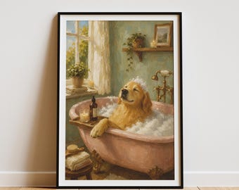 Golden Retriever Bathtub Print, Dog Bathroom Decor, Spa Wall Art Poster, Pet Lover Gift, Unframed