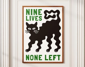 Nine Lives None Left Print, Retro Black Cat Illustration, Minimal Graphic Wall Art, Wavy Illustration, Modern Digital Poster