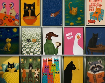 Whimsical Animal Wall Art Bundle Set of 15, Mid Century Gallery Prints, Digital Download