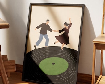 Dancing Couple Wall Art Print, Retro Vinyl Record Poster, Romantic Music Illustration, Vintage Love Decor Gift, Anniversary Gift, Digital