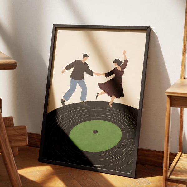 Dancing Couple Wall Art Print, Retro Vinyl Record Poster, Romantic Music Illustration, Vintage Love Decor Gift, Anniversary Gift, Digital