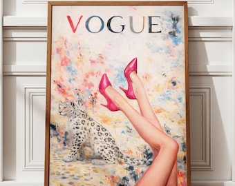 Modeprint Vogue, roze hakken en sneeuwluipaard muurkunst, chique glamourposter, schilderij redactionele stijl, digitale download