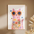 Cat with Glasses Print, Floral Cat Poster, Kids Room Wall Art, Girls Room Decor, Unframed