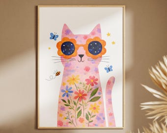 Cat with Glasses Print, Floral Cat Poster, Kids Room Wall Art, Girls Room Decor, Unframed