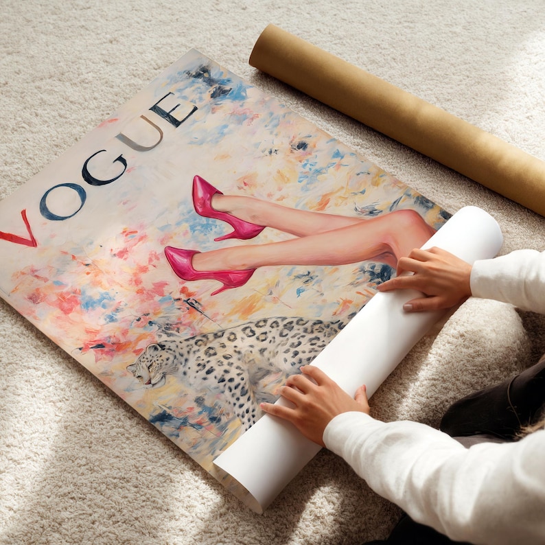 Vogue-posterprint, roze hakken sneeuwluipaard muurkunst, chique glamourmodeprint, ingelijst afbeelding 2