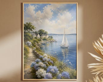 Coastal Cottage Wall Art, Sailboat Hydrangea Painting, Nautical Beach House Decor, Unframed
