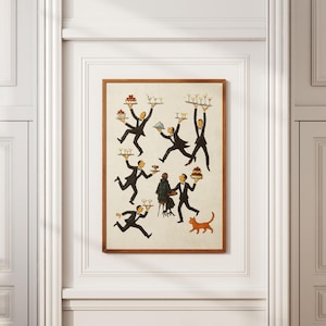 May include: A framed print featuring a whimsical illustration of several waiters in black suits and bow ties, carrying trays of drinks and desserts. A couple sits at a table, and an orange cat walks nearby. The artwork has a vintage aesthetic.