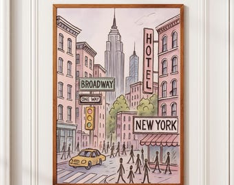 New York City Art Print, Broadway Poster, Pastel Pink NYC Illustration, Feminine Wall Art, Cute City Decor, Empire State Building Print