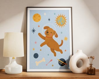 Toddler Wall Art Dog Astronaut Print, Space Nursery Poster, Kids Room Decor, Colorful Playroom, Unframed