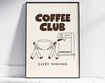 Póster de café, decoración retro para cafetería, ilustración de club de café en tonos marrón y crema, sin marco.