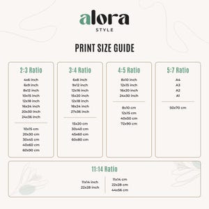 Puede incluir: Gu&iacute;a de tama&ntilde;os de impresi&oacute;n con el logo "alora STYLE". Muestra proporciones como 2:3, 3:4, 4:5, 5:7 y 11:14, con medidas en pulgadas y cent&iacute;metros para tama&ntilde;os de impresi&oacute;n, como 10x15 cm y 24x36 pulgadas.