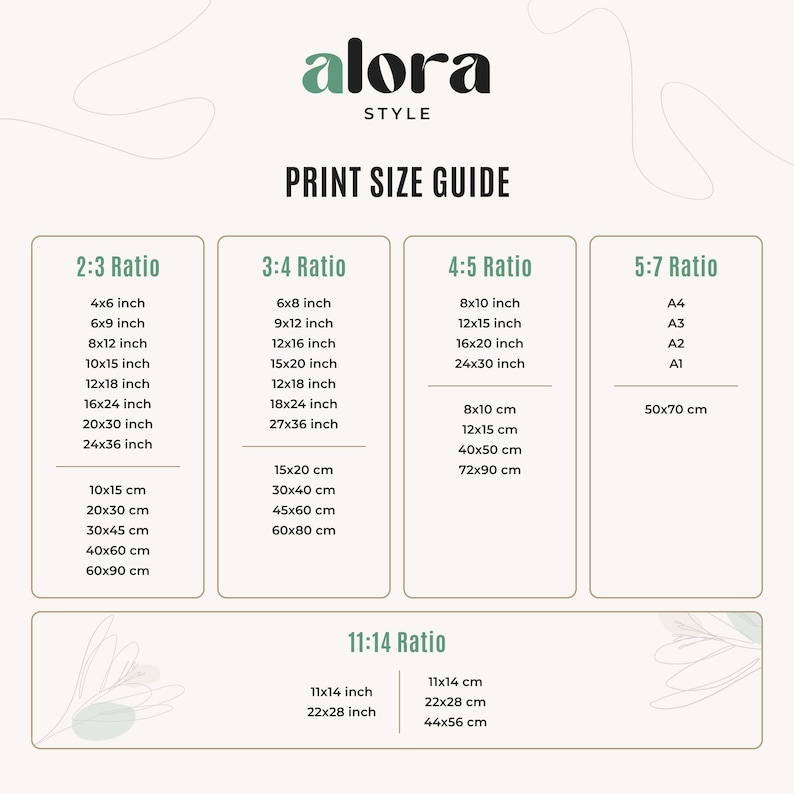 Puede incluir: Gu&iacute;a de tama&ntilde;os de impresi&oacute;n con el logo "alora STYLE". Muestra proporciones como 2:3, 3:4, 4:5, 5:7 y 11:14, con medidas en pulgadas y cent&iacute;metros para tama&ntilde;os de impresi&oacute;n, como 10x15 cm y 24x36 pulgadas.
