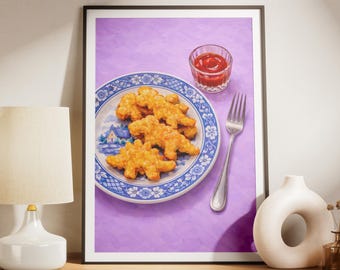 Dino Nugget Wall Art Print, Blue White China Plate, Lavender Funny Kitchen Decor, Dopamine Poster, Digital Download