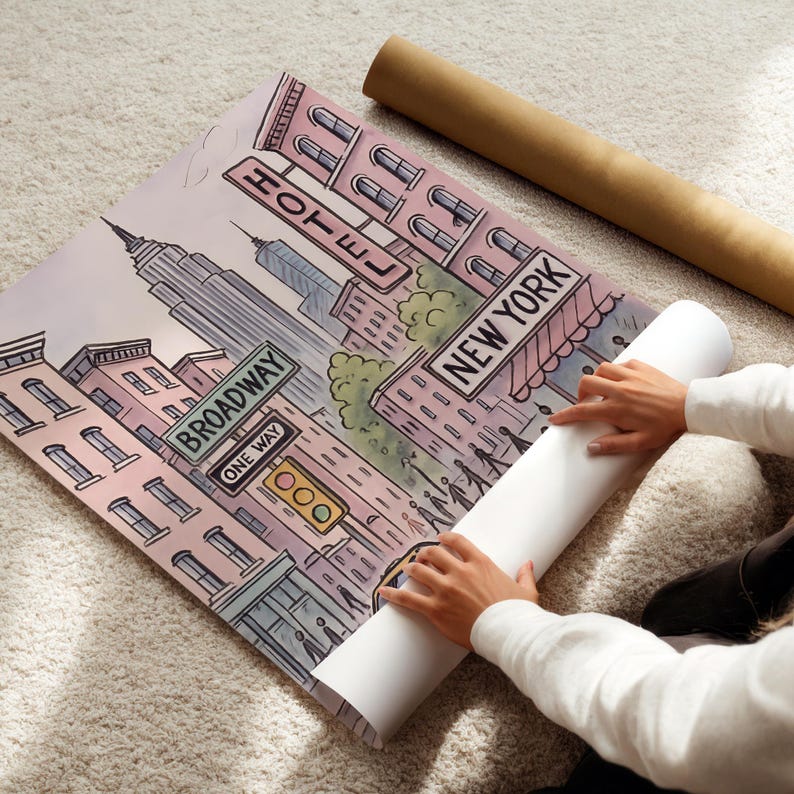 New York City Poster, Broadway Wall Art Print, Pastel Pink NYC Illustration, Empire State Building Decor, Unframed image 2