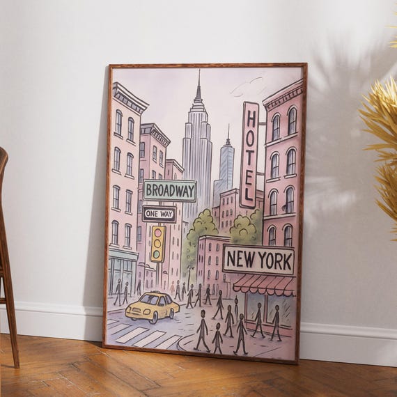New York City Poster, Broadway Wall Art Print, Pastel Pink NYC Illustration, Empire State Building Decor, Unframed
