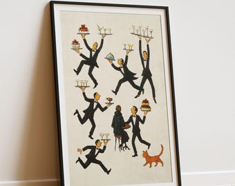Lámina vintage de camareros de restaurante — Póster de comida y bebida con personas diminutas, arte retro para bares, decoración divertida para cafeterías, pintura de pared moderna para la cocina