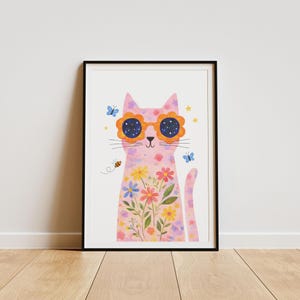 Cat with Glasses Print, Floral Cat Poster, Kids Room Wall Art, Girls Room Decor, Unframed image 5