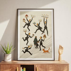May include: A framed vintage-style print depicts several waiters in black suits carrying trays of drinks and desserts. The illustration has a retro aesthetic, with a cat and a person seated at a table. The color palette is muted, with beige, black, and brown tones.