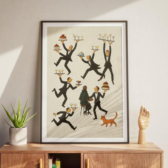 Tiny People Restaurant Print, Waiter Wall Art, Food Kitchen Poster, Bar Decor, Unframed