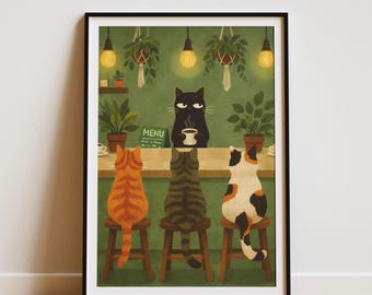 Whimsical Cat Cafe Wall Art Print, Coffee Bar Illustration with Barista Cats, Retro Kitchen Decor, High Resolution Digital Download