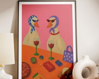 Retro Goose Wine Art Print, Funny Duck Painting, Whimsical Pink Kitchen & Bar Wall Decor, Playful Animal Artwork, Digital Download