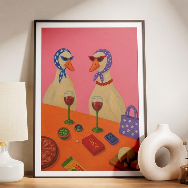 Retro Goose Wine Art Print, Funny Duck Painting, Whimsical Pink Kitchen & Bar Wall Decor, Playful Animal Artwork, Digital Download